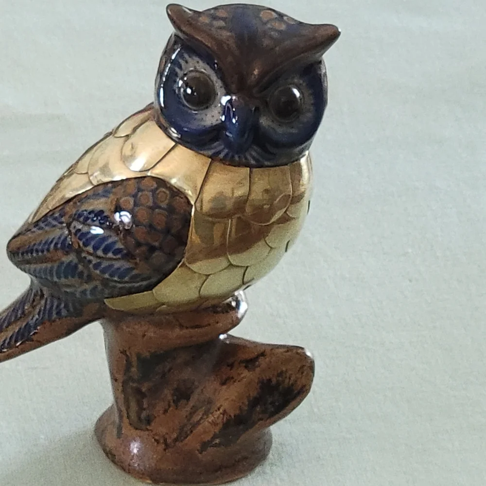 Vintage,Brass, and Ceramic Figurine Blue and Gold Owl Figurine